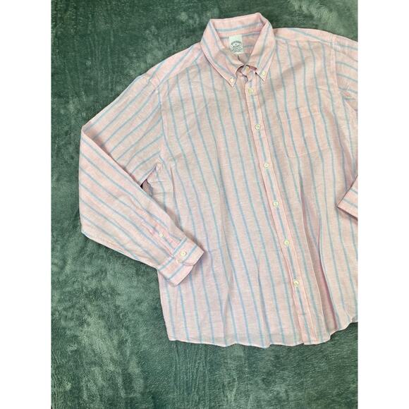 Men's Brooks Brothers XL pink and blue striped linen long sleeve button up  Exc - Picture 5 of 9